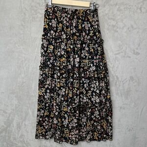 Luna Womens Long Black Boho Floral Ruffle Stretch Waist Flowy Skirt Size Small